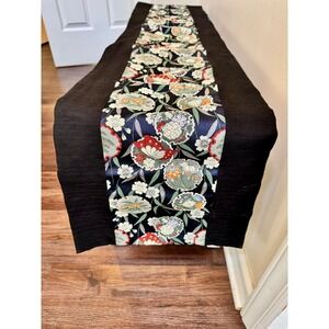 VTG Japanese Kimono Silk Brocade‎ Table Runner Black Navy Butterfly Floral 12x58